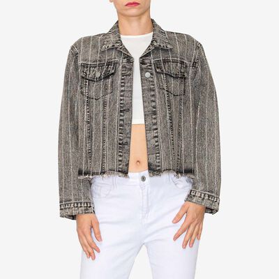 Rhinestone Denim Jacket in Black Acid Wash